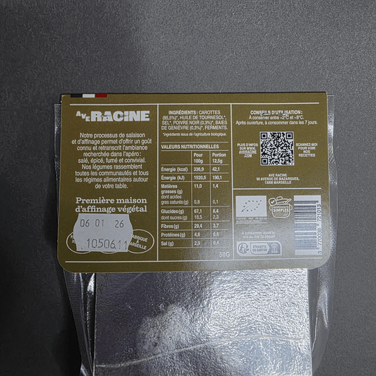 Carotte affinée bio au poivre & baie de genièvre - Ave Racine | Le Cornichon – Produit français | Le Cornichon